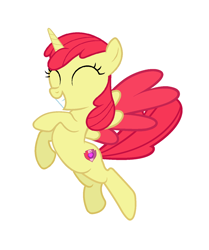 Size: 1216x1456 | Tagged: safe, derpibooru exclusive, edit, editor:proto29, apple bloom, alicorn, pony, alicornified, bloomicorn, colored wings, female, flying, race swap, simple background, solo, transformation, white background, wings