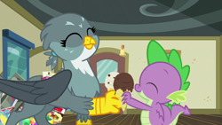 Size: 1920x1080 | Tagged: safe, screencap, gabby, spike, dragon, dragon dropped, comic book, duo, eyes closed, female, food, gem, ice cream, ice cream cone, male, post office, winged spike