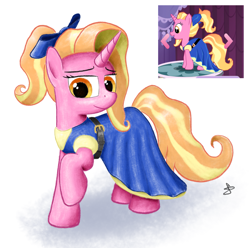 Size: 2471x2456 | Tagged: safe, artist:sheeppony, luster dawn, pony, unicorn, alternate costumes, bow, clothes, dress, female, gameloft, gameloft interpretation, mare, screencap reference