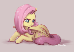 Size: 2833x1978 | Tagged: safe, artist:buttersprinkle, derpibooru import, fluttershy, pegasus, pony, colored pupils, cute, female, head turn, looking away, mare, prone, shyabetes, simple background, smiling, solo, spread wings, wings