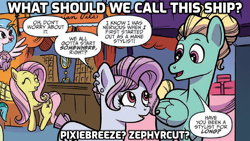 Size: 1280x720 | Tagged: safe, edit, idw, zephyr breeze, earth pony, hippogriff, pegasus, pony, spoiler:comic74, cropped, pixie cut (idw), pixiebreeze, question, shipping, shipping fuel, zephyrcut