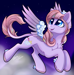 Size: 2164x2202 | Tagged: safe, artist:gleamydreams, oc, oc only, oc:powder floof, pegasus, pony, blue eyes, chest fluff, cloud, female, mare, mountain, solo, stars