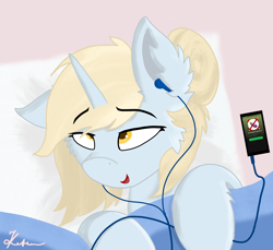 Size: 2000x1829 | Tagged: safe, artist:kotwitz, oc, oc only, oc:aria taitava, pony, unicorn, ahegao, bed, bedroom eyes, blonde, earbuds, fluffy, hair bun, open mouth, phone, smiling, spotify, tongue out