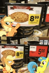 Size: 1280x1921 | Tagged: safe, artist:twiface, derpibooru import, applejack, lemon hearts, earth pony, pony, unicorn, angry, applejack's hat, cowboy hat, female, food, freckles, grin, grocery store, hat, mare, open mouth, pi day, pie, rearing, smiling