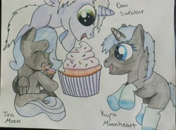 Size: 3526x2606 | Tagged: safe, artist:marvelmoon, oc, oc only, oc:davi sinfalair, oc:kyra moonheart, oc:tira moon, alicorn, pegasus, unicorn, alicorn oc, clothes, cupcake, cute, foal, food, horn, socks, traditional art, wings