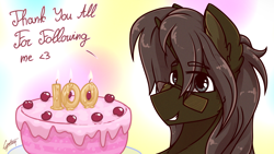 Size: 1920x1080 | Tagged: safe, artist:chebypattern, oc, oc only, oc:chebypattern, cake, candle, follower celebration, follower count, food, glasses, simple background, solo, text, thank you