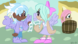 Size: 800x450 | Tagged: safe, artist:mirabuncupcakes15, derpibooru import, cloudchaser, flitter, fluttershy, human, barrel, boots, bow, clothes, dark skin, dress, female, flyer, hair bow, hair over one eye, hoodie, humanized, jeans, pants, scene interpretation, shoes, siblings, sisters, torn clothes, twins, winged humanization, wings