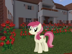 Size: 2048x1536 | Tagged: safe, artist:eugenebrony, artist:topsangtheman, roseluck, earth pony, pony, topsangtheman's minecraft server, garden, house, looking at you, minecraft, photoshopped into minecraft, rose bush