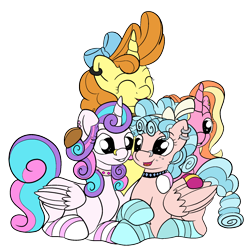 Size: 1900x1900 | Tagged: safe, artist:appleneedle, artist:icey-wicey-1517, color edit, edit, cozy glow, luster dawn, princess flurry heart, pumpkin cake, alicorn, pegasus, pony, unicorn, collaboration, alternate hairstyle, bow, choker, clothes, colored, cozyheart, ear piercing, earring, eyes closed, female, flurry heart gets all the mares, flurrydawn, freckles, grin, hair bow, hug, jewelry, lesbian, mare, nose piercing, nose ring, older, older cozy glow, older flurry heart, older pumpkin cake, open mouth, piercing, polyamory, pumpkin heart, shipping, simple background, sitting, smiling, socks, striped socks, transparent background