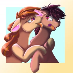 Size: 1670x1670 | Tagged: safe, artist:banoodle, oc, oc only, oc:waffles, earth pony, pony, bedroom eyes, disgusted, drool, female, licking, male, nervous, non-consensual licking, oc x oc, shipping, tongue out