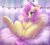 Size: 1250x1136 | Tagged: safe, artist:kotezio, derpibooru import, fluttershy, pegasus, pony, bed, cute, daaaaaaaaaaaw, dock, featureless crotch, female, floppy ears, heart, heart hoof, leg fluff, lights, mare, on back, on bed, pillow, sexy, shyabetes, sitting, solo, weapons-grade cute