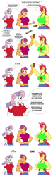 Size: 1280x4264 | Tagged: safe, artist:matchstickman, apple bloom, scootaloo, sweetie belle, anthro, earth pony, pegasus, unicorn, abs, apple bloomed, apple brawn, biceps, boobaloo, breasts, clothes, comic, cutie mark crusaders, deltoids, dialogue, female, fingerless gloves, fist bump, gloves, mare, matchstickman's apple brawn series, muscles, muscular female, older, older apple bloom, older scootaloo, older sweetie belle, one eye closed, shirt, simple background, speech bubble, sweetie boobs, trio, tumblr comic, tumblr:where the apple blossoms, white background, wink