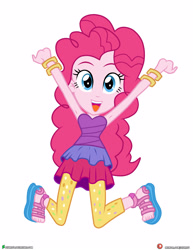 Size: 3090x4000 | Tagged: safe, artist:dieart77, pinkie pie, equestria girls, bare shoulders, commission, cute, diapinkes, feet, female, jumping, open mouth, simple background, sleeveless, solo, strapless, white background