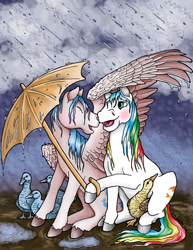 Size: 700x906 | Tagged: safe, artist:katriona-seallach, sprinkles (g1), bird, g1, food, quackers, rain, semi-grimdark in the description, umbrella, wing umbrella