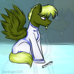 Size: 3000x3000 | Tagged: safe, artist:darklight1315, oc, oc:oxidase acid, pegasus, pony, coveralls, glasses, green pony, scientist, solo, zoom layer