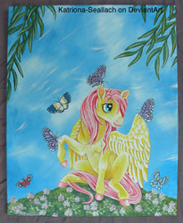 Size: 567x691 | Tagged: safe, artist:katriona-seallach, derpibooru import, fluttershy, butterfly, pegasus, pony, nature, traditional art