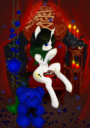 Size: 1500x2129 | Tagged: safe, artist:ginger_tea_lady, oc, oc:vex vixen, pony, unicorn, black rose, blue eyes, blue rose, blushing, candle, candlestick, candy, chocolate, food, holiday, pedal, teddy bear, valentine, valentine's day