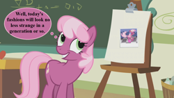 Size: 1280x720 | Tagged: safe, edit, edited screencap, screencap, cheerilee, earth pony, pony, call of the cutie, 80s, 80s cheerilee, chalkboard, cheeribetes, cute, easel, photo, ponyville schoolhouse, thought bubble
