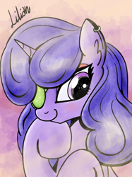 Size: 540x722 | Tagged: safe, artist:mamatwilightsparkle, oc, oc:lilian, pony, unicorn, blind in one eye, clothes, ear piercing, earring, eyepatch, jewelry, overalls, piercing, solo, tumblr