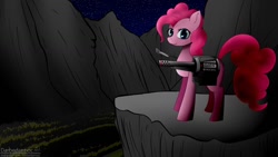 Size: 1280x720 | Tagged: safe, artist:darbedarmoc, derpibooru import, pinkie pie, earth pony, pony, fallout equestria, grass, minigun, mountain, solo, wasteland