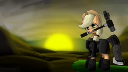 Size: 1280x720 | Tagged: safe, artist:darbedarmoc, derpibooru import, applejack, earth pony, pony, fallout equestria, armor, hammer, mountain, solo, steel ranger, sunrise, wasteland