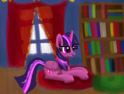 Size: 2048x1559 | Tagged: safe, artist:platinumdrop, twilight sparkle, twilight sparkle (alicorn), alicorn, book, bookshelf, female, mare, solo, window