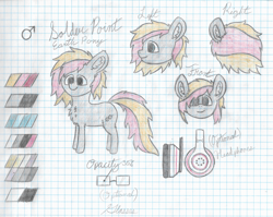 Size: 2100x1672 | Tagged: safe, artist:mlplayer dudez, oc, oc only, oc:solder point, earth pony, pony, chest fluff, colored, cute, ear fluff, fluffy, glasses, graph paper, happy, headphones, leg fluff, male, reference sheet, signature, smiling, solo, stallion, traditional art