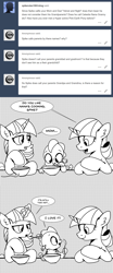 Size: 896x2149 | Tagged: safe, artist:mamatwilightsparkle, spike, twilight sparkle, twilight velvet, dragon, unicorn, baby, baby spike, book, comic, diaper, food, mama twilight, mama twilight sparkle, monochrome, soup, tumblr, younger