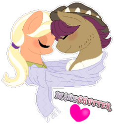 Size: 255x277 | Tagged: safe, artist:shootingstaryt, mane allgood, snap shutter, earth pony, pegasus, pony, blushing, clothes, cute, eyes closed, female, hat, heart, male, maneshutter, mare, scarf, shared clothing, shared scarf, shipping, shirt, simple background, stallion, straight, transparent background