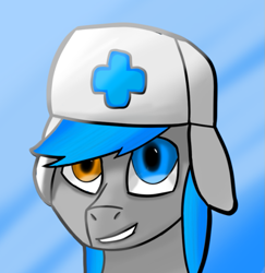 Size: 659x677 | Tagged: safe, artist:mint5torm, oc, oc:dutchiie, pegasus, pony, blue background, blue hair, bust, gray fur, hat, heterochromia, male, simple background, solo, stallion, ushanka