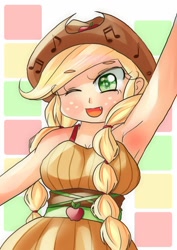 Size: 724x1023 | Tagged: safe, artist:araiiara123, applejack, equestria girls, friendship through the ages, rainbow rocks, '90s, applerack, armpits, breasts, country applejack, cowboy hat, cute, cute little fangs, fangs, female, freckles, hat, jackabetes, one eye closed, wink