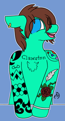 Size: 1661x3101 | Tagged: safe, artist:magmatic, oc, oc only, oc:canvas, earth pony, chest fluff, colored, commission, ear piercing, flat colors, hoof ring, owo, piercing, smiling, solo, tattoo