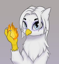 Size: 2614x2846 | Tagged: safe, artist:misty horyzon, oc, oc only, oc:mira, griffon, chest fluff, female, fire, gray background, griffon magic, griffon oc, looking at you, magic, simple background