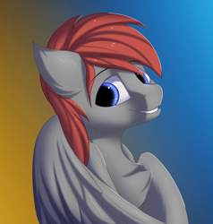 Size: 2850x3000 | Tagged: safe, artist:snowstormbat, oc, oc only, pegasus, bust, chest fluff, gradient background, looking back, male, portrait, smiling, solo, stallion