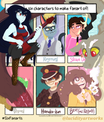 Size: 828x978 | Tagged: safe, artist:darkestsunset, discord, anthro, draconequus, human, adventure time, animal crossing, bee and puppycat, clothes, crossover, female, glasses, guitar, hanako, hat, heterochromia, looking at each other, looking up, male, marceline, musical instrument, necktie, out of frame, raymond, shoes, sitting, six fanarts, smiling, starry eyes, steven universe, suit, toilet-bound hanako-kun, wingding eyes