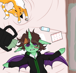 Size: 2425x2338 | Tagged: safe, artist:virumi, oc, oc only, oc:mareula snyde, alicorn, bat pony, bat pony alicorn, cat, pony, alicorn oc, bag, bandaid, bat pony oc, bat wings, bed, bored, bottle, clothes, commission, exhausted, eyes closed, female, horn, mare, necktie, paper, robe, rug, shirt, solo, water bottle, wings, ych result