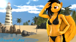 Size: 3840x2160 | Tagged: safe, artist:dawnyr, derpibooru import, oc, oc:mina, anthro, pegasus, 3d, beach, bikini, clothes, lighthouse, pier, sexy, solo, source filmmaker, summer, swimsuit