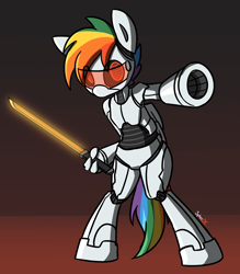 Size: 1818x2078 | Tagged: safe, artist:spheedc, derpibooru import, oc, oc only, pony, robot, robot pony, semi-anthro, cannon, commission, digital art, glowing sword, gradient background, multicolored hair, rainbow hair, solo