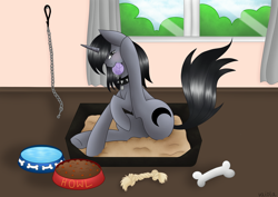 Size: 2048x1448 | Tagged: safe, artist:vaiola, oc, oc:howl, pony, advertisement, ball, behaving like a dog, bone, chains, chew toy, collar, commission, food bowl, full body, pet bed, pet play, pet tag, pony pet, spiked collar