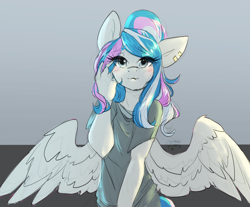 Size: 3995x3300 | Tagged: safe, artist:dreamchan, derpibooru import, oc, oc only, oc:lunacae, anthro, pegasus, anthro oc, blushing, clothes, female, looking at you, mare, simple background, solo, t-shirt