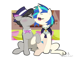 Size: 2600x2000 | Tagged: safe, artist:yaaaco, derpibooru import, dj pon-3, octavia melody, vinyl scratch, earth pony, pony, unicorn, a hearth's warming tail, alternate hairstyle, blushing, bowtie, clothes, eyes closed, female, french kiss, glasses, hat, holding hooves, kissing, lesbian, mare, raised hoof, scratchtavia, shipping, sitting, sunglasses, vest, victrola scratch