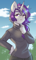 Size: 1664x2768 | Tagged: source needed, safe, artist:dreamchan, derpibooru import, oc, oc only, oc:rey'un, anthro, unicorn, anthro oc, clothes, female, horn, looking at you, mare, simple background, solo, unicorn oc