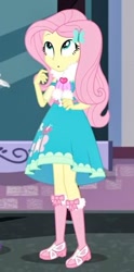Size: 300x604 | Tagged: safe, screencap, fluttershy, better together, equestria girls, street chic, clothes, cropped, cute, dress, geode of fauna, long socks, magical geodes, scarf, shyabetes, solo, tights