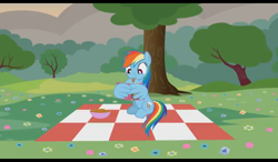 Size: 1024x600 | Tagged: safe, artist:agrol, derpibooru import, daring do, rainbow dash, pegasus, pony, book, cookie, cute, dashabetes, food, holding a book, just relax and read, picnic, picnic blanket, sitting, solo, tree, wing hands, wing hold, wings