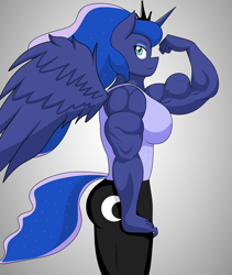 Size: 1343x1588 | Tagged: safe, artist:matchstickman, derpibooru import, princess luna, alicorn, anthro, butt, clothes, commission, female, gradient background, muscles, muscular female, pants, princess muscle moona, solo, tanktop