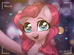 Size: 2000x1500 | Tagged: safe, artist:reterica, derpibooru import, pinkie pie, earth pony, pony, bust, chest fluff, cute, diapinkes, female, happy, heart, looking at you, mare, open mouth, rec, recording, smiling, smiling at you, solo