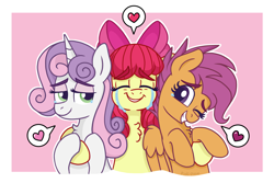 Size: 2250x1507 | Tagged: safe, artist:pink-pone, apple bloom, scootaloo, sweetie belle, earth pony, pegasus, pony, unicorn, chest fluff, crying, cute, cutie mark crusaders, female, heart, hug, older, older apple bloom, older cmc, older scootaloo, older sweetie belle, redraw, simple background, smiling, tears of joy, teary eyes