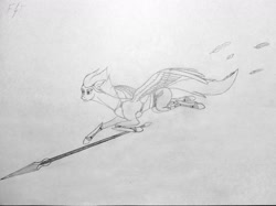 Size: 1280x955 | Tagged: safe, artist:steelarrowheadd, fleetfoot, pegasus, pony, armor, clothes, feather, female, flying, lineart, mare, simple background, solo, spear, traditional art, weapon, wings