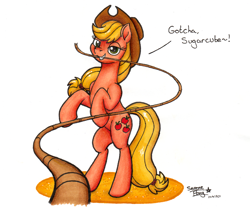 Size: 2098x1758 | Tagged: safe, artist:serenepony, derpibooru import, applejack, earth pony, pony, dialogue, female, grin, hat, lasso, lidded eyes, looking at you, mare, mouth hold, offscreen character, pov, rearing, rope, simple background, smiling, solo, standing, traditional art