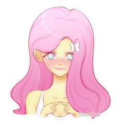 Size: 768x768 | Tagged: safe, alternate version, artist:daochuu146, derpibooru import, fluttershy, equestria girls, blushing, bust, clothes, female, hairclip, smiling, solo